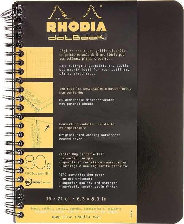 Rhodia | Classic Spiral Bound Dot Paper 160 Page Notebook (16 x 21 cm) - 80 g, Black